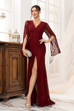 Burgundy Sheath Long Sleeves Lace Mother Of The Bride Dress With Slit