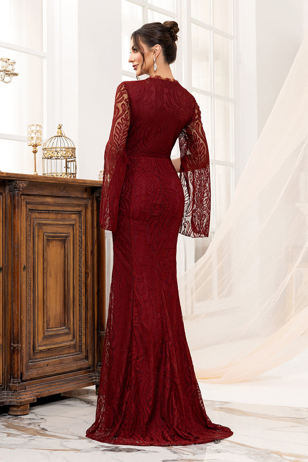 Burgundy Sheath Long Sleeves Lace Mother Of The Bride Dress With Slit