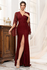 Burgundy Sheath Long Sleeves Lace Mother Of The Bride Dress With Slit
