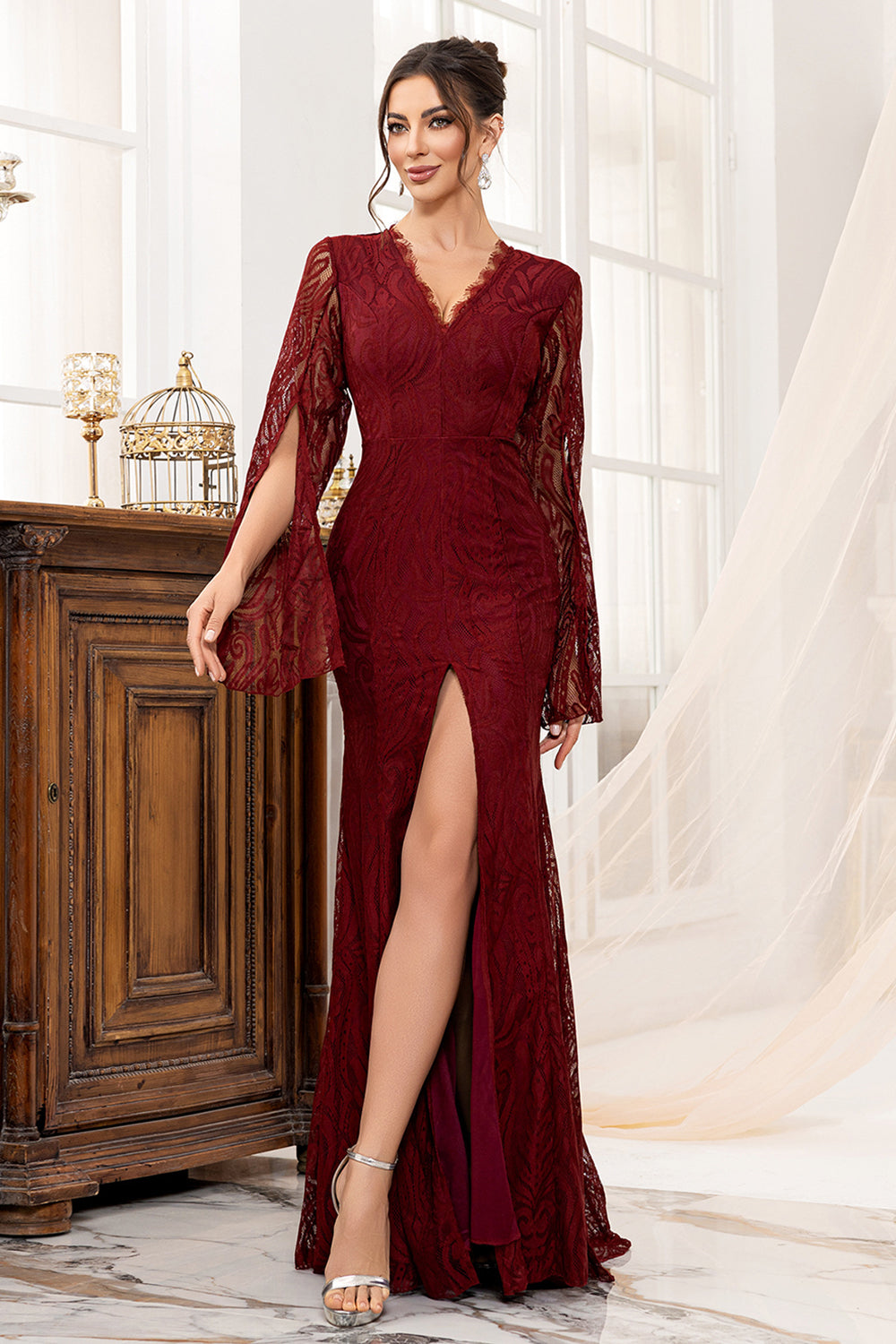 Burgundy Sheath Long Sleeves Lace Mother Of The Bride Dress With Slit