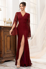 Burgundy Sheath Long Sleeves Lace Mother Of The Bride Dress With Slit