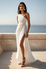 Chiffon Ruched One Shoulder Ivory Maxi Rehearsal Dinner Dress with Slit