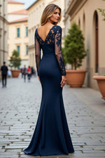 Navy Mermaid V-Neck Ruched Long Sleeves Mother of the Bride Dress