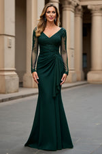 Navy Mermaid V-Neck Ruched Long Sleeves Mother of the Bride Dress