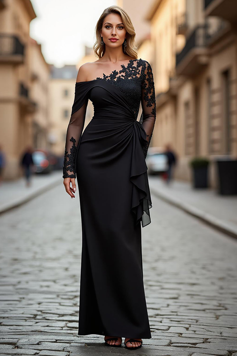 Plus Size Black Ruched One Shoulder Long Sleeves Mother of the Bride Dress with Appliques