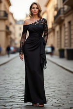 Plus Size Black Ruched One Shoulder Long Sleeves Mother of the Bride Dress with Appliques