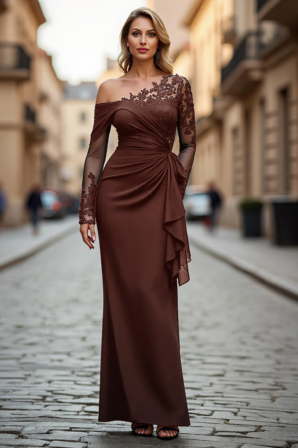 Plus Size Black Ruched One Shoulder Long Sleeves Mother of the Bride Dress with Appliques