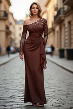 Plus Size Black Ruched One Shoulder Long Sleeves Mother of the Bride Dress with Appliques