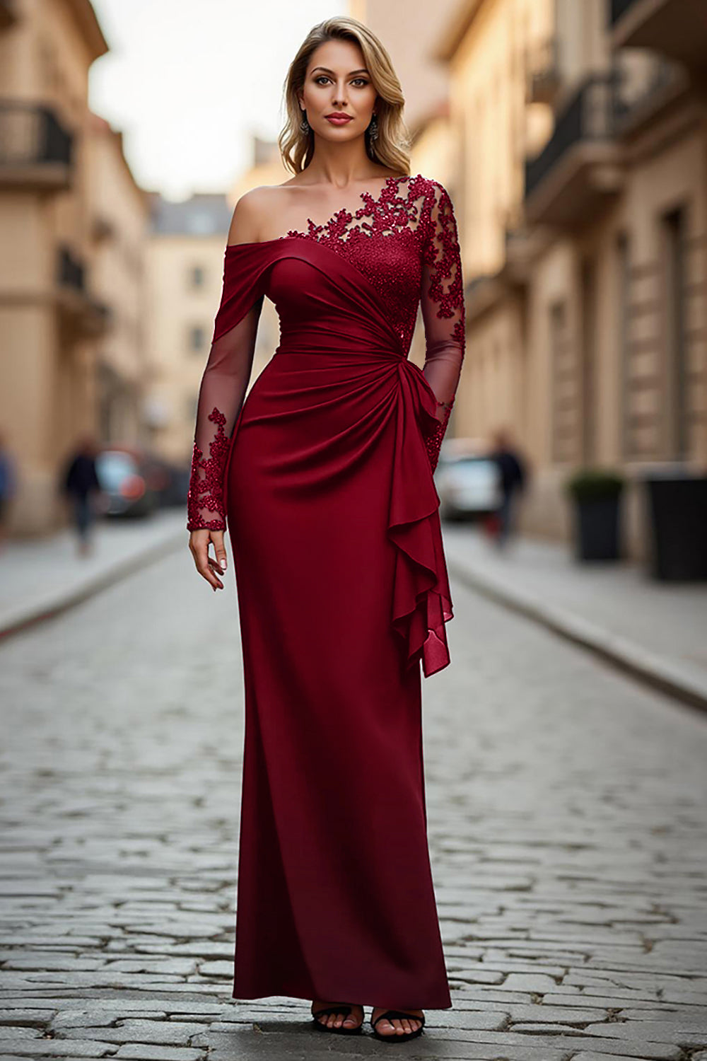 Plus Size Black Ruched One Shoulder Long Sleeves Mother of the Bride Dress with Appliques