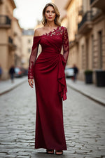 Plus Size Black Ruched One Shoulder Long Sleeves Mother of the Bride Dress with Appliques