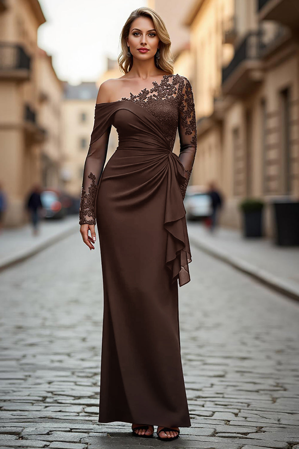 Plus Size Black Ruched One Shoulder Long Sleeves Mother of the Bride Dress with Appliques