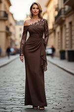 Plus Size Black Ruched One Shoulder Long Sleeves Mother of the Bride Dress with Appliques
