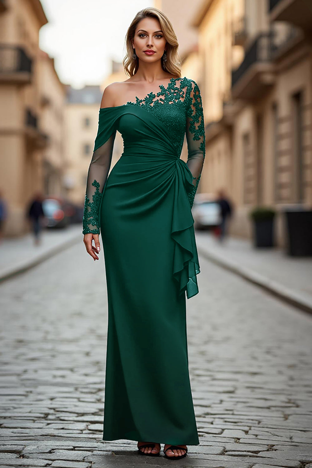 Plus Size Black Ruched One Shoulder Long Sleeves Mother of the Bride Dress with Appliques
