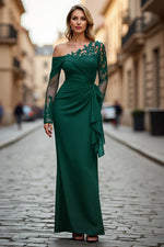 Plus Size Black Ruched One Shoulder Long Sleeves Mother of the Bride Dress with Appliques