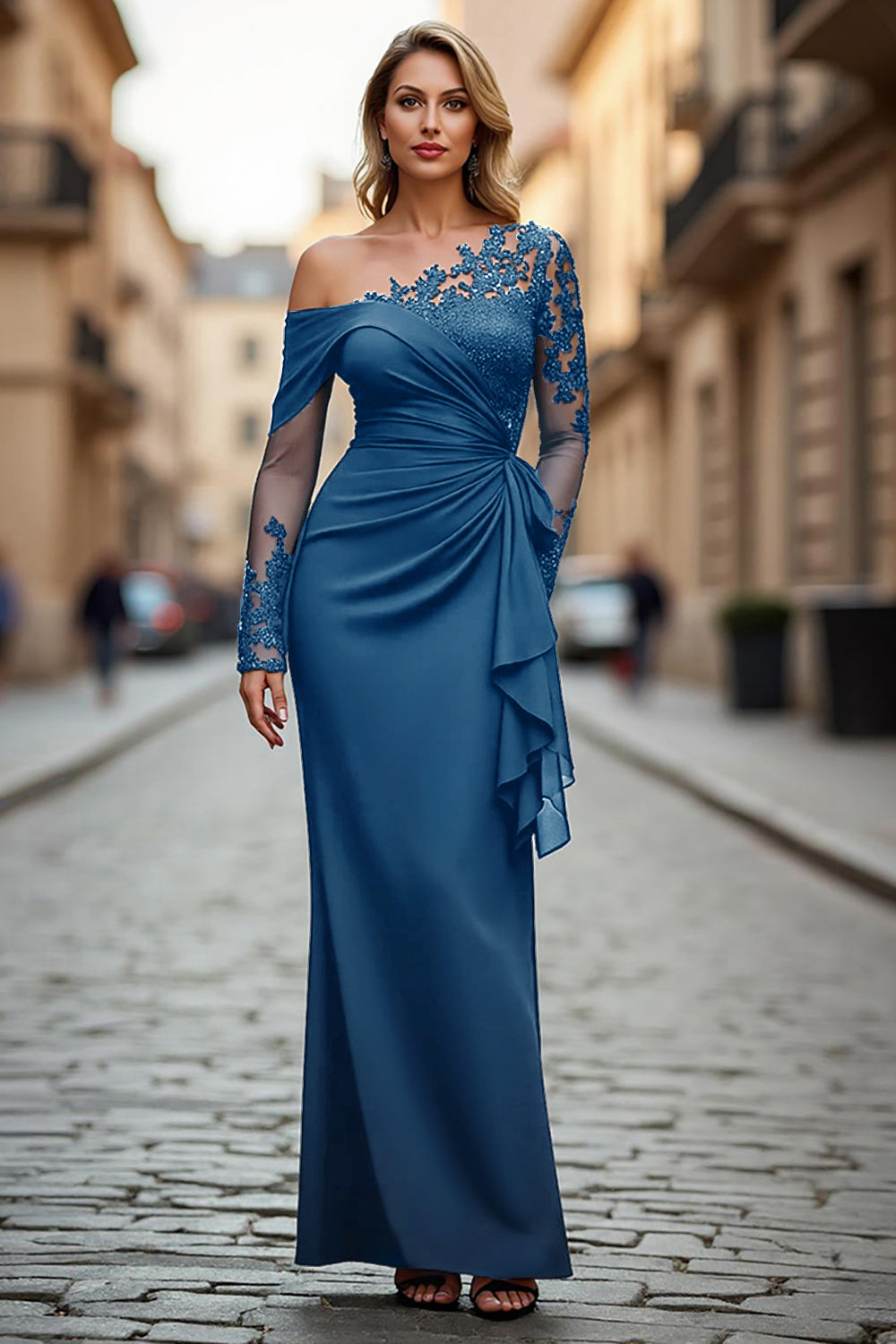 Plus Size Black Ruched One Shoulder Long Sleeves Mother of the Bride Dress with Appliques