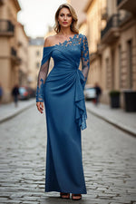 Plus Size Black Ruched One Shoulder Long Sleeves Mother of the Bride Dress with Appliques
