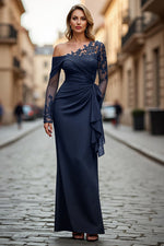 Plus Size Black Ruched One Shoulder Long Sleeves Mother of the Bride Dress with Appliques