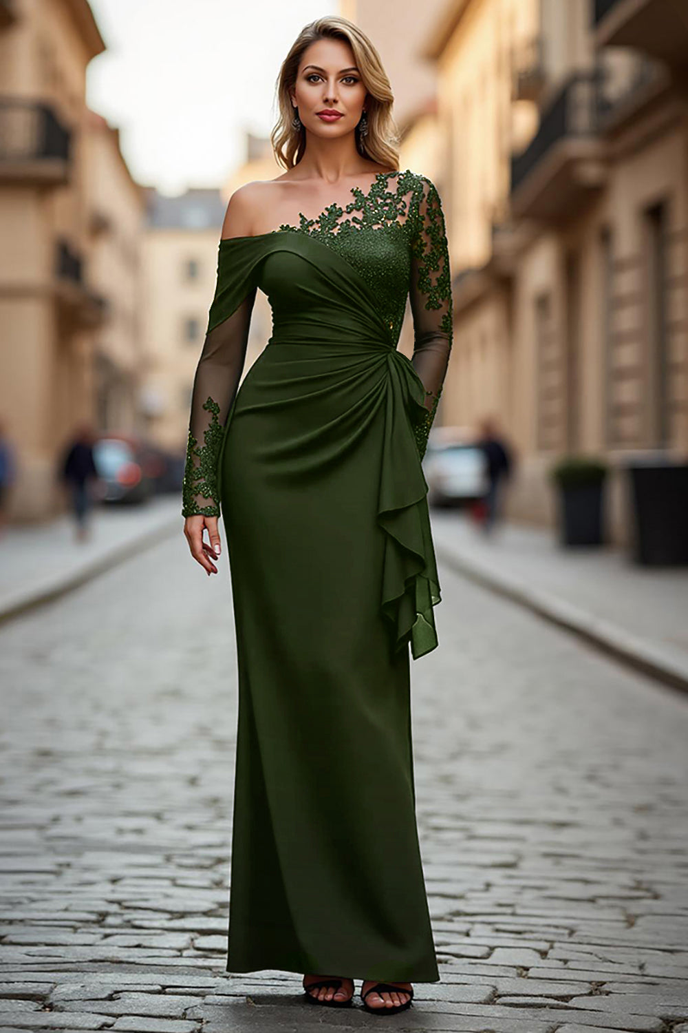 Plus Size Black Ruched One Shoulder Long Sleeves Mother of the Bride Dress with Appliques