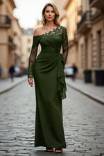 Plus Size Black Ruched One Shoulder Long Sleeves Mother of the Bride Dress with Appliques