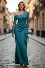 Plus Size Black Ruched One Shoulder Long Sleeves Mother of the Bride Dress with Appliques