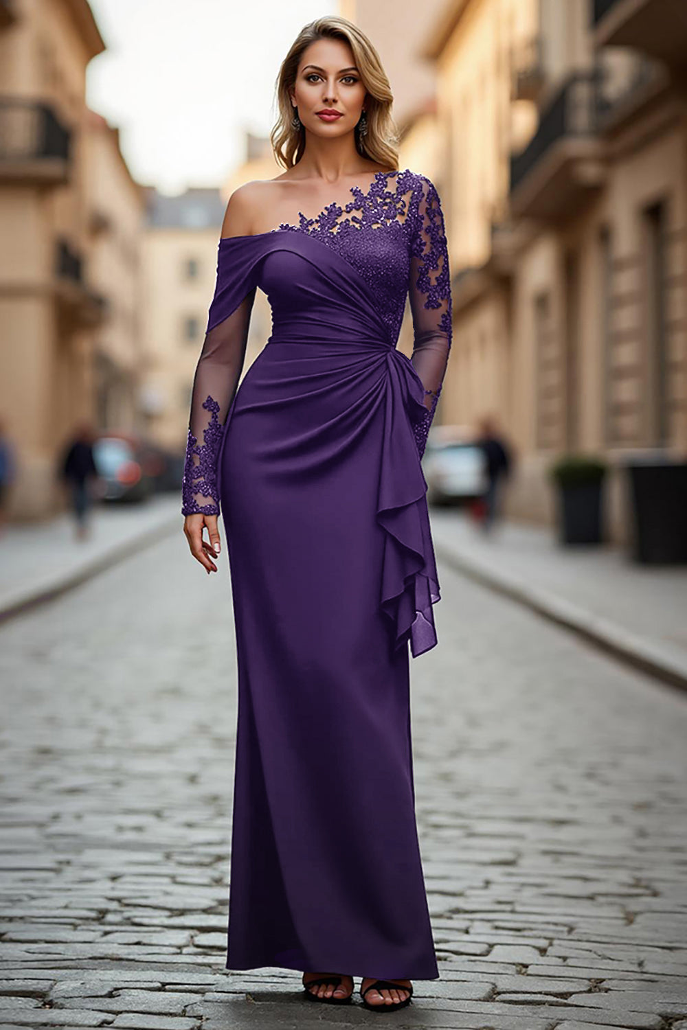 Plus Size Black Ruched One Shoulder Long Sleeves Mother of the Bride Dress with Appliques