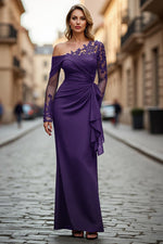Plus Size Black Ruched One Shoulder Long Sleeves Mother of the Bride Dress with Appliques