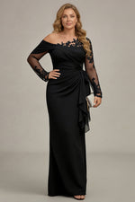 Plus Size Black Ruched One Shoulder Long Sleeves Mother of the Bride Dress with Appliques