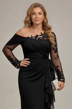 Plus Size Black Ruched One Shoulder Long Sleeves Mother of the Bride Dress with Appliques