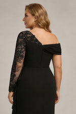 Plus Size Black Ruched One Shoulder Long Sleeves Mother of the Bride Dress with Appliques