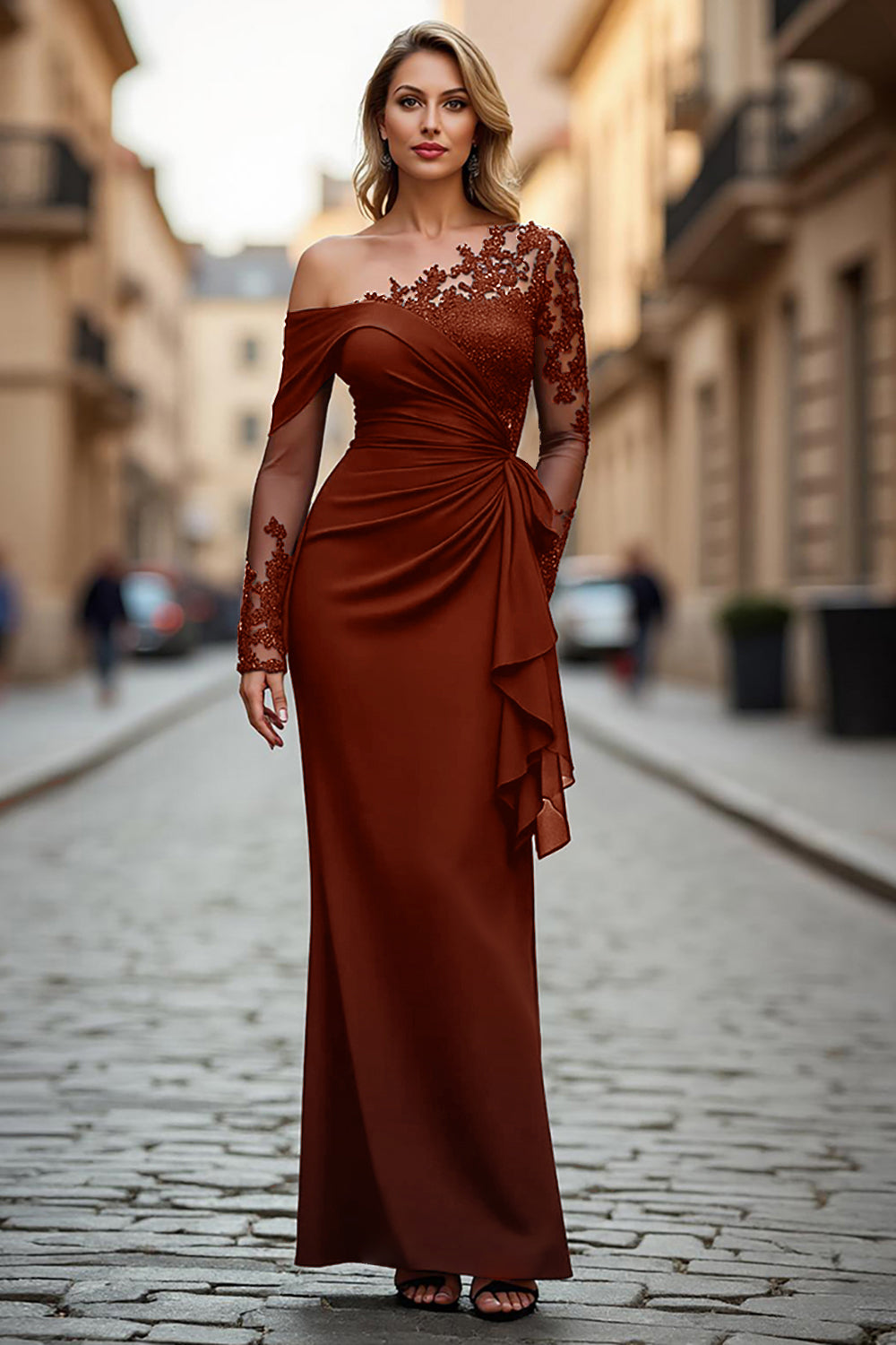 Plus Size Black Ruched One Shoulder Long Sleeves Mother of the Bride Dress with Appliques