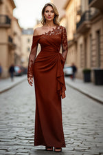 Plus Size Black Ruched One Shoulder Long Sleeves Mother of the Bride Dress with Appliques