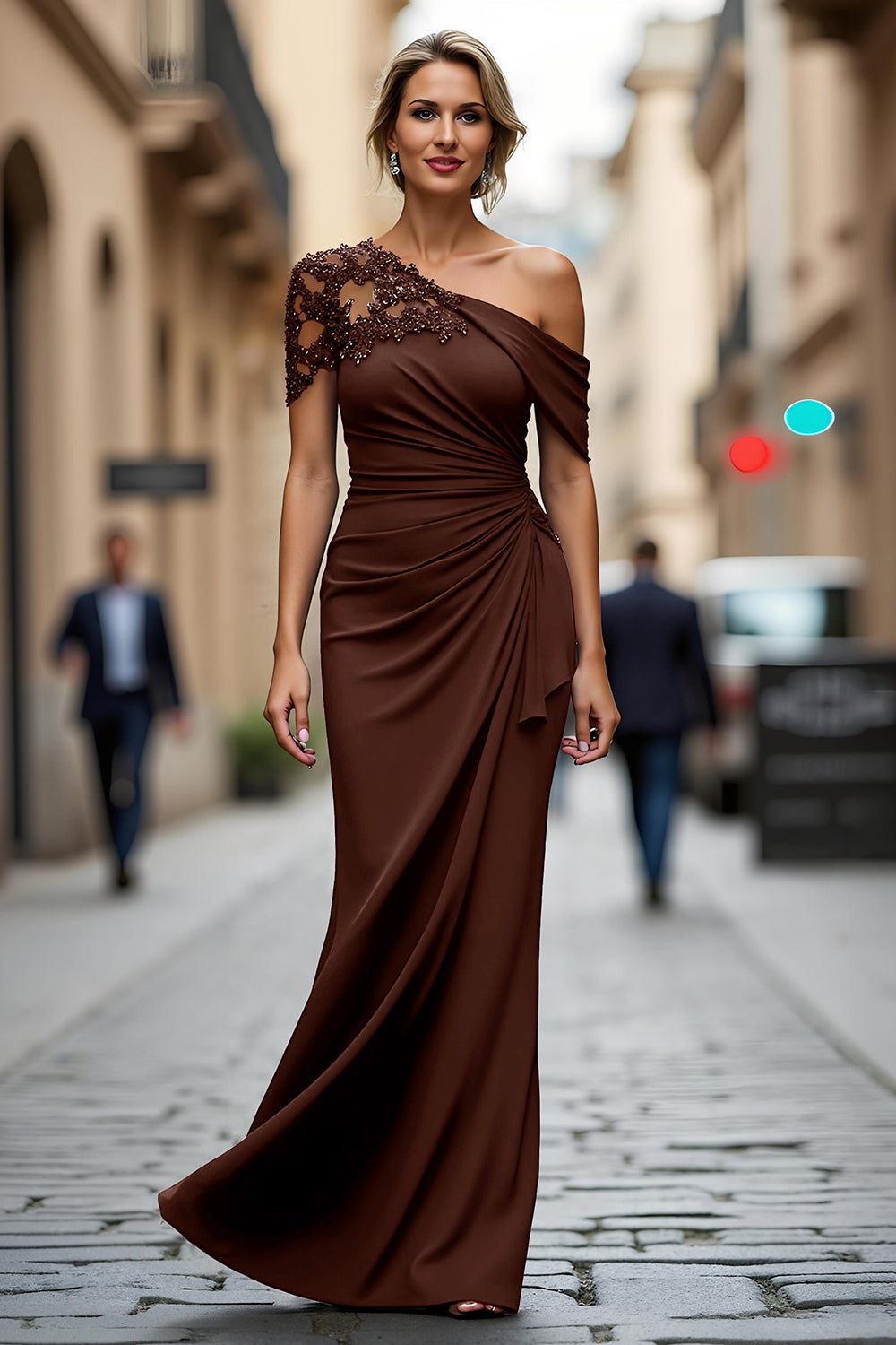 Plus Size Black One Shoulder Sheath Long Mother of the Bride Dress with Appliques