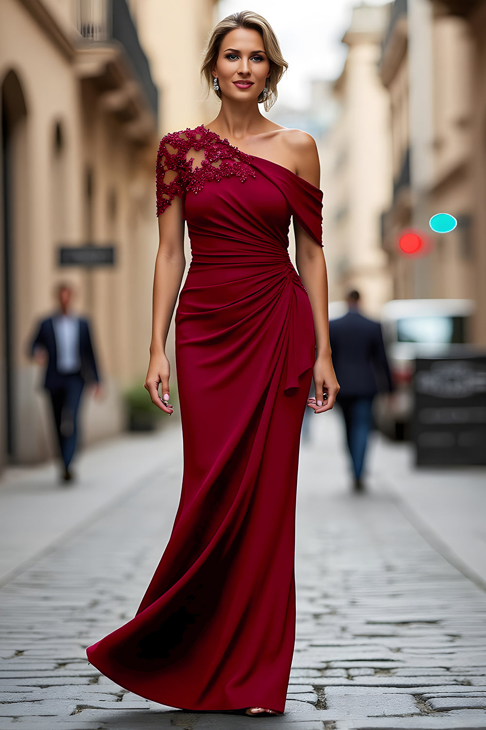 Plus Size Black One Shoulder Sheath Long Mother of the Bride Dress with Appliques