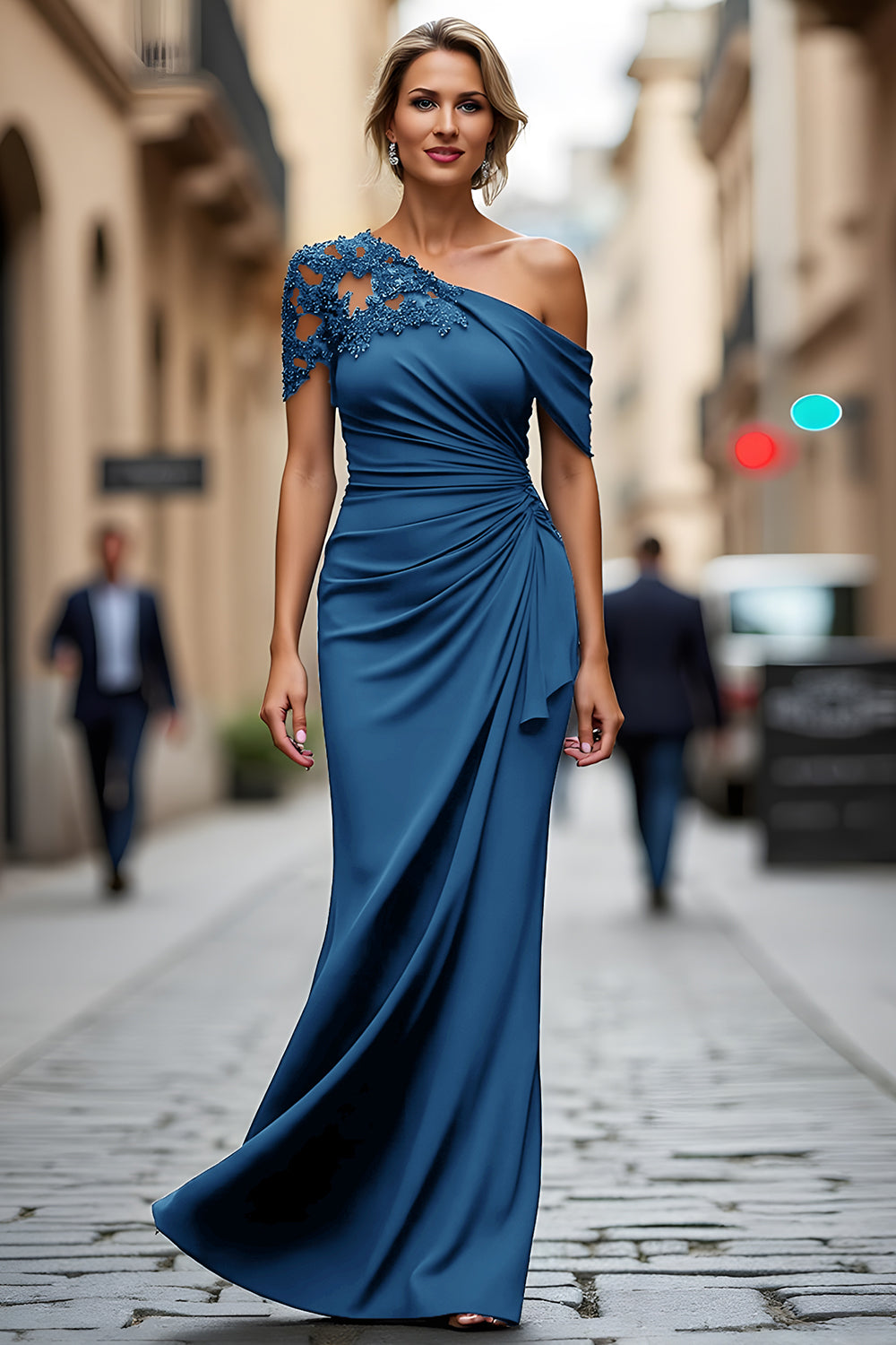 Plus Size Black One Shoulder Sheath Long Mother of the Bride Dress with Appliques