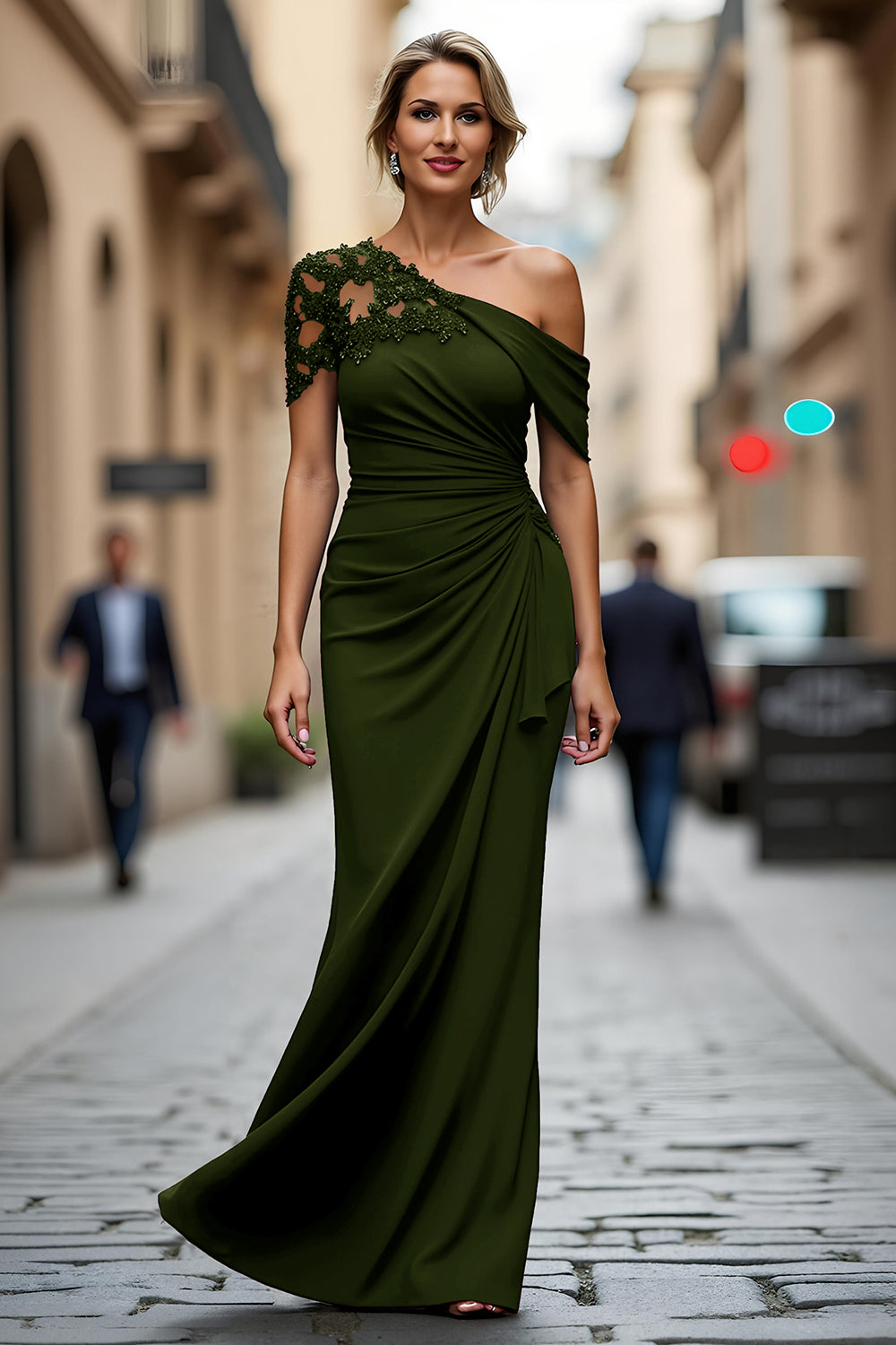 Plus Size Black One Shoulder Sheath Long Mother of the Bride Dress with Appliques