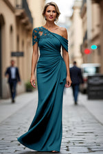 Plus Size Black One Shoulder Sheath Long Mother of the Bride Dress with Appliques