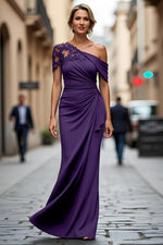 Plus Size Black One Shoulder Sheath Long Mother of the Bride Dress with Appliques