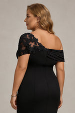 Plus Size Black One Shoulder Sheath Long Mother of the Bride Dress with Appliques