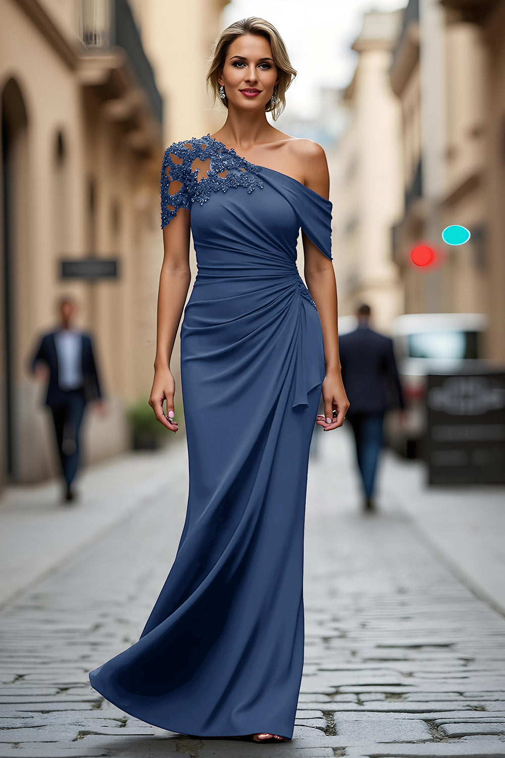 Plus Size Black One Shoulder Sheath Long Mother of the Bride Dress with Appliques