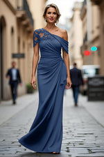 Plus Size Black One Shoulder Sheath Long Mother of the Bride Dress with Appliques
