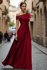 Burgundy A-Line Asymmetrical Neck Long Mother Of Bride Dress with Appliques