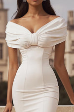 Ivory Mermaid Off the Shoulder Maxi Rehearsal Dinner Dress with Slit