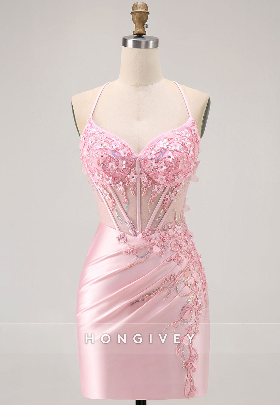 Spaghetti Straps Crisscross Back Sheath Short Homecoming Dress with Appliques