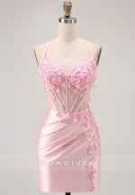 Spaghetti Straps Crisscross Back Sheath Short Homecoming Dress with Appliques