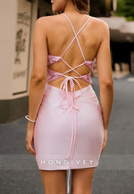 Spaghetti Straps Crisscross Back Sheath Short Homecoming Dress with Appliques