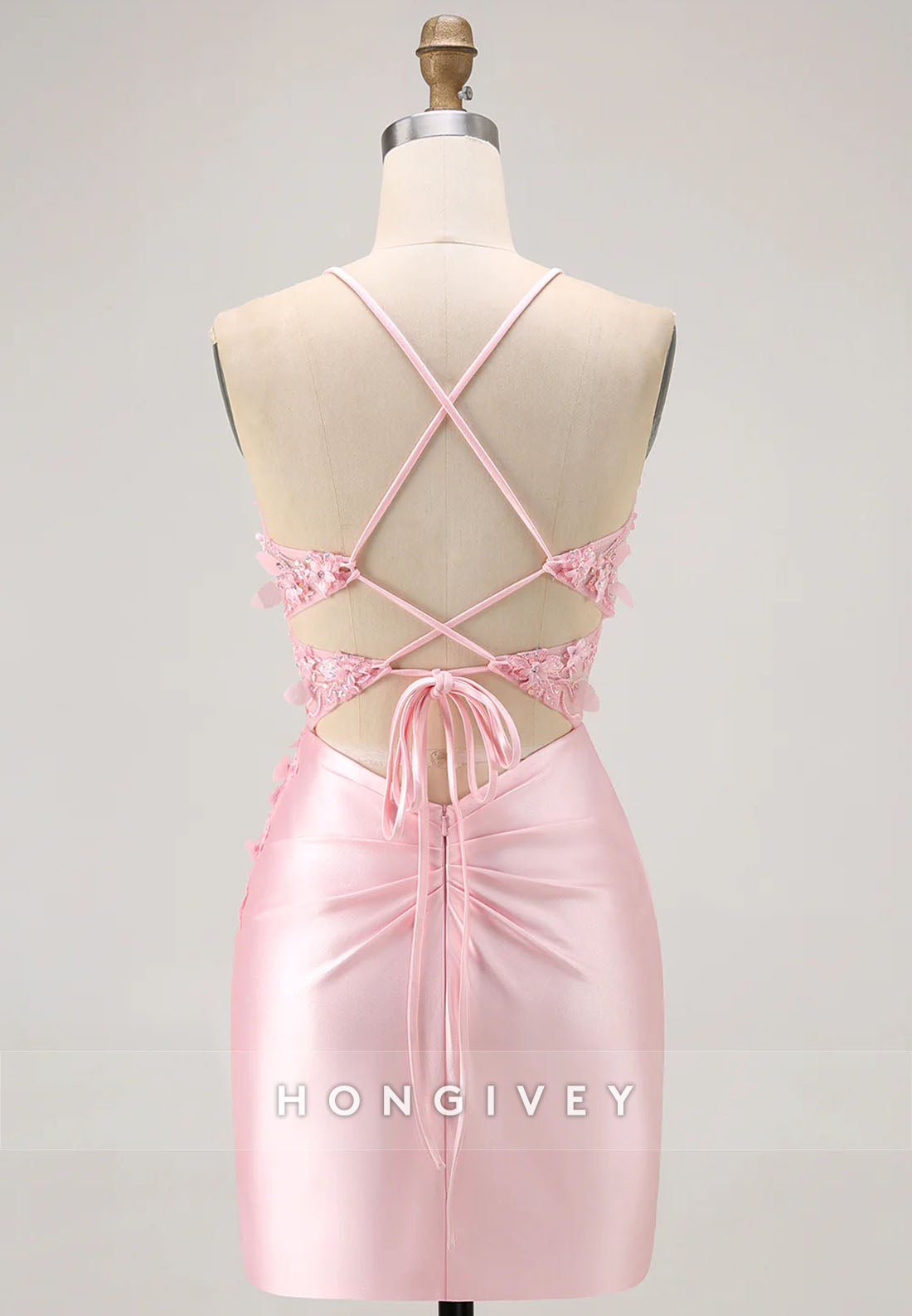 Spaghetti Straps Crisscross Back Sheath Short Homecoming Dress with Appliques