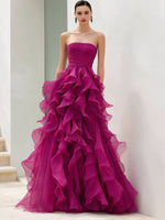 Strapless Magenta Ruffled Ball Gown