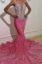 Halter Pink Sleeveless Sequins Prom Dress Long With Beads Crystals