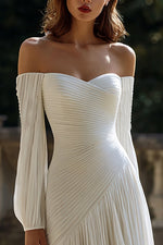 Ivory Chiffon Off the Shoulder Pleated Sweep Train Wedding Dress with Sleeves
