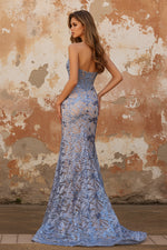 Strapless Mermaid Corset Grey Blue Embroidered Long Prom Dress with Sequins